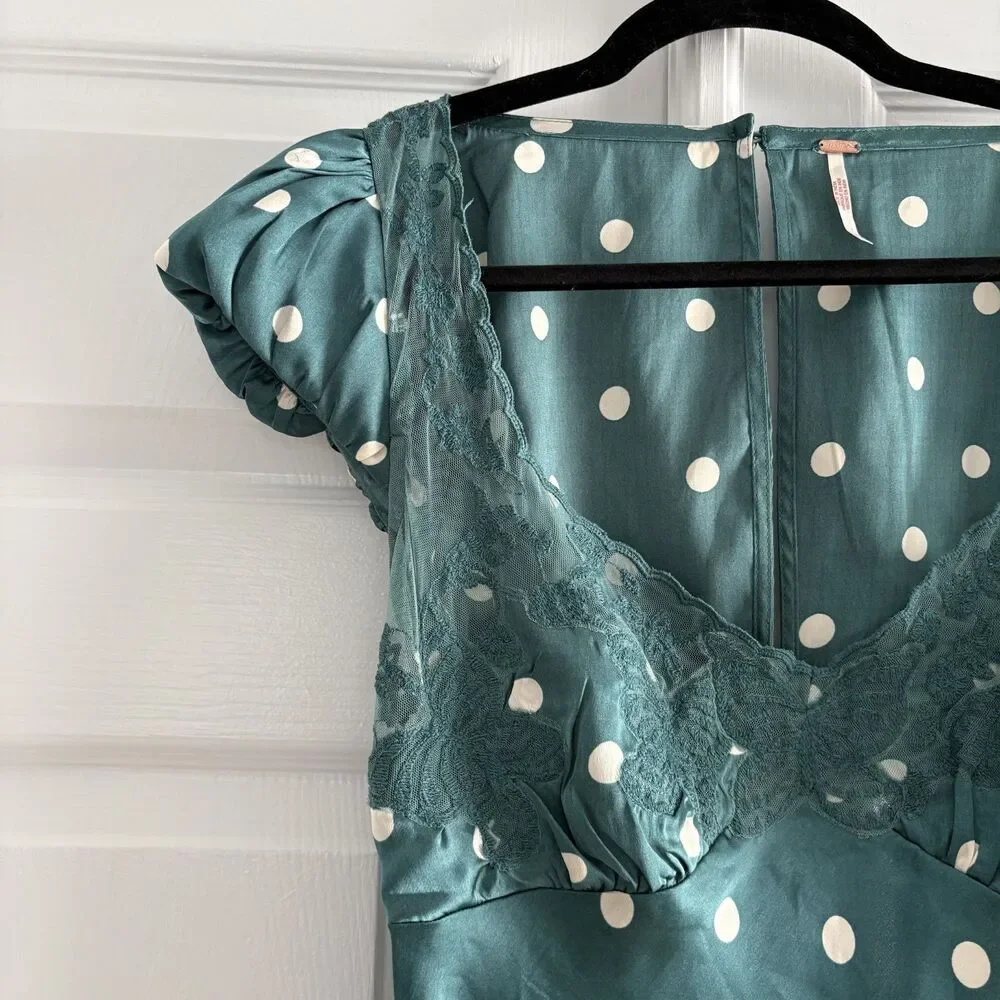 Free People Womens Butterfly Babe Polka Dot Sz Small Green Satin Maxi Dress EUC